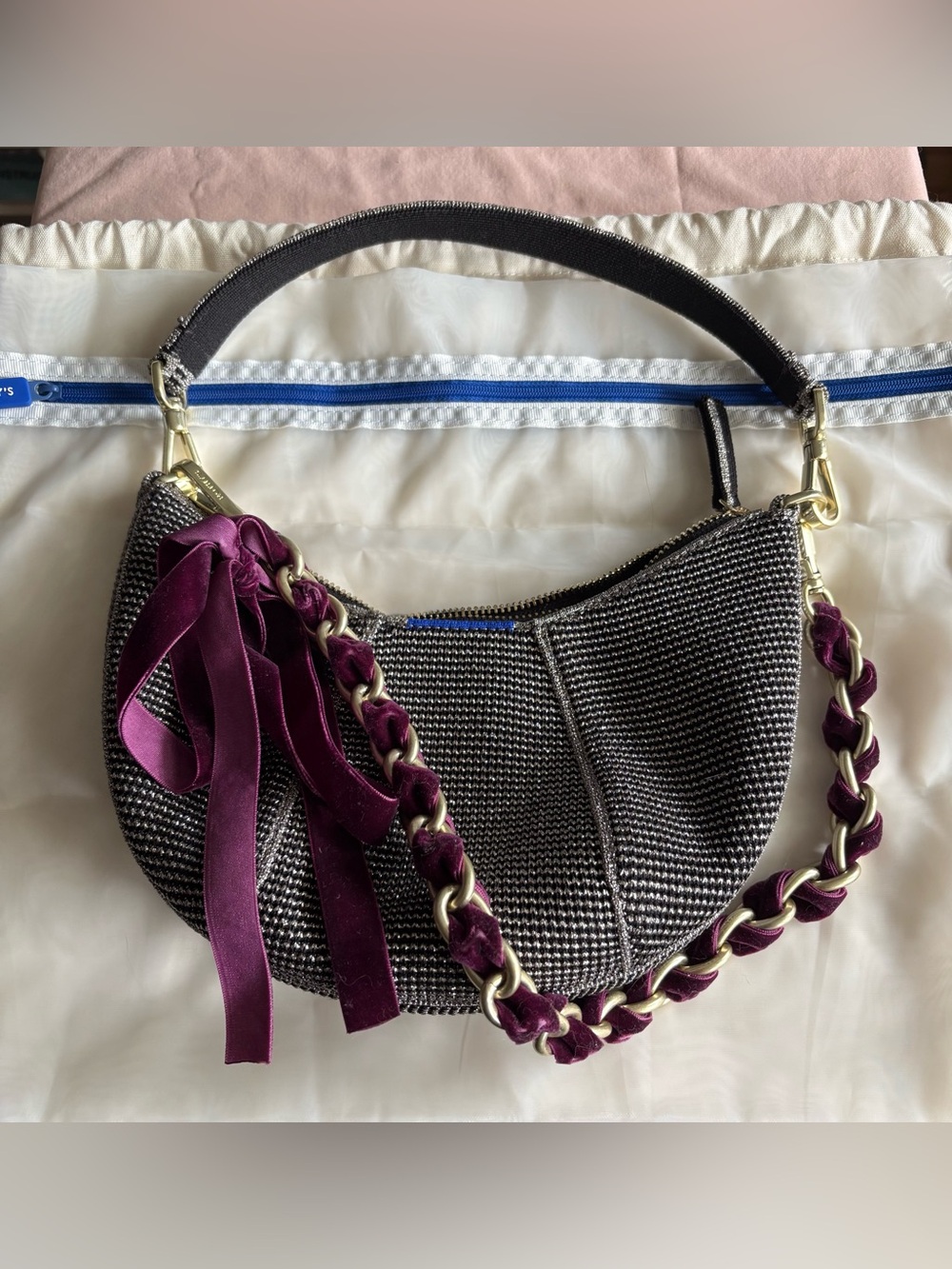 Rothy's Star Studded Mini Crescent Bag with Velvet Plum Chain
